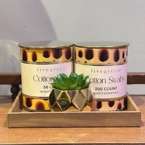 Livegreen Cotton Pads & Cotton Swabs Set with Faux Succulent And Wood Tray NWTS